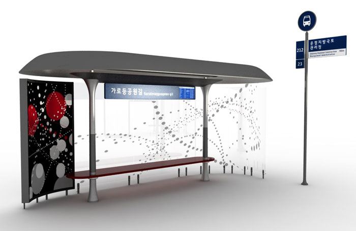 bus shelter with kiosk and sign